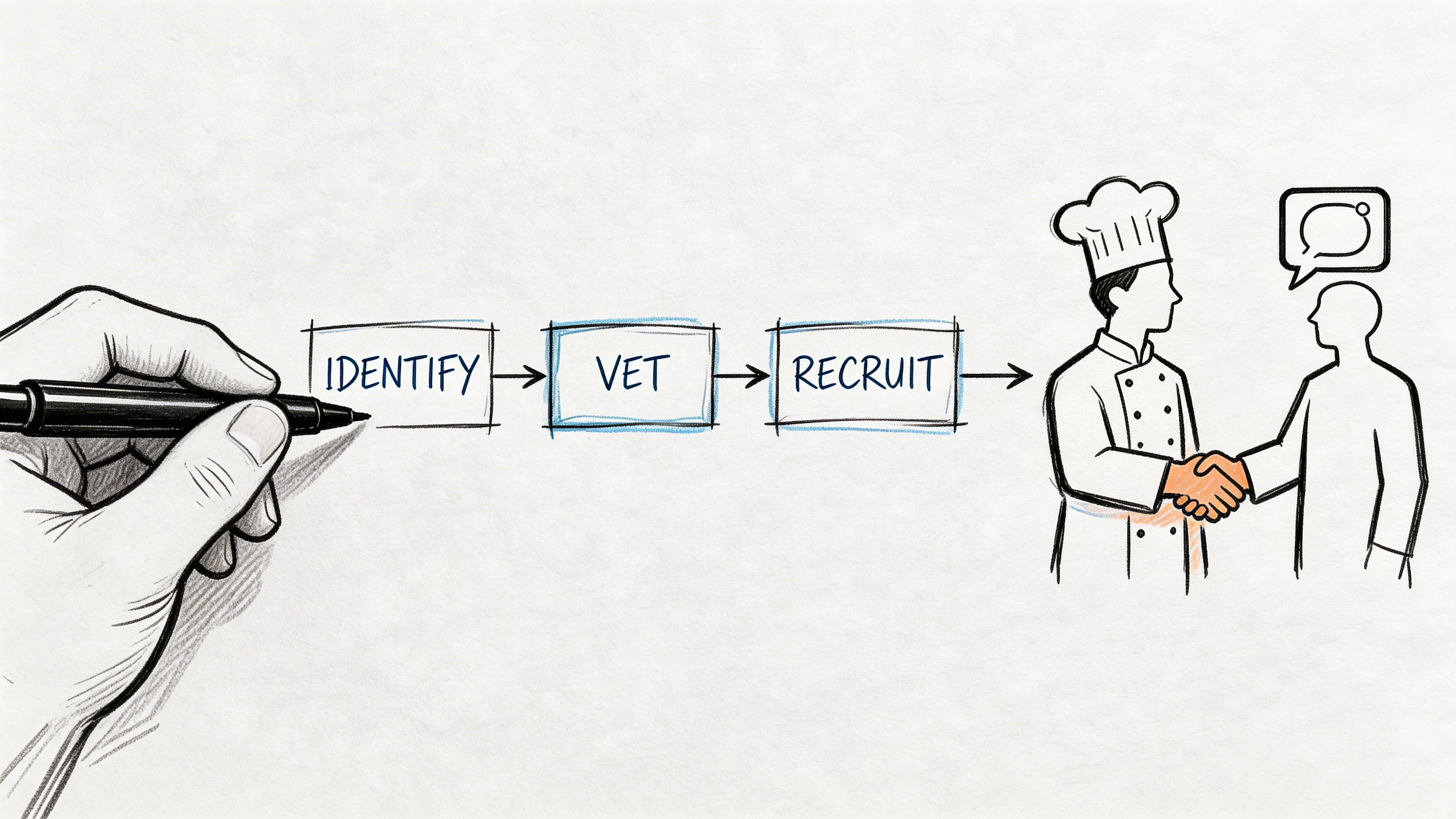 A hand-drawn illustration showing a three-step process of identifying, vetting, and recruiting restaurant chef staff.
