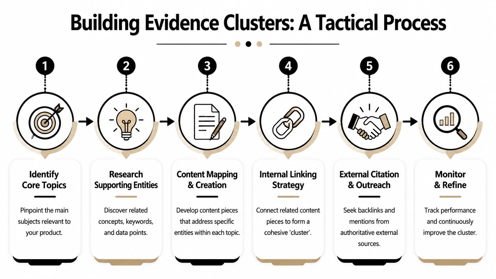 A six-step infographic illustrating the tactical process of building evidence clusters for improved SEO content strategy.