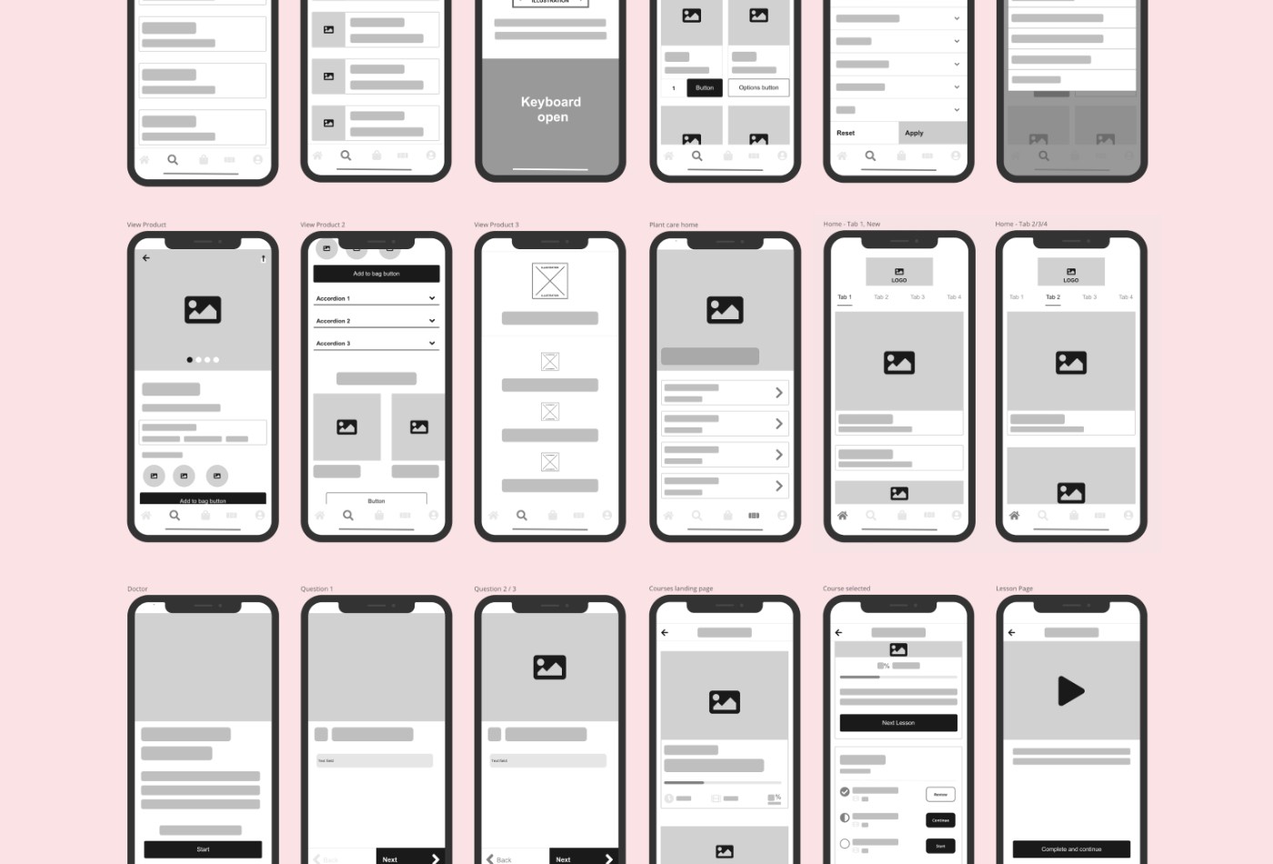 Grid of eighteen low-fidelity wireframe screens for an iOS app on a light pink background. The top row shows search and filter interfaces: a list view with search bar, a similar screen with an illustration placeholder, a screen indicating keyboard open state, a product card with quantity selector and button options, and a filter panel with reset and apply buttons. The middle row covers product and home screens: a product detail page with image carousel, description text, and add to bag button; a second product view with accordions for expandable content; a third product variation with image placeholders; a plant care home screen with image and list items with chevrons; and two home tab layouts showing a logo, tab bar with four tabs, and card-based content areas. The bottom row shows the Plant Doctor and courses flows: a Doctor landing screen with a Start button; two question screens with text input fields and Next buttons with back navigation; a courses landing page with a large image, descriptive text, and a list of lessons with progress indicators and action buttons; a course selected screen showing a progress bar, Next Lesson button, and lesson list with Review, Continue, and Start options; and a lesson page with a large play button and Complete and continue button at the bottom.