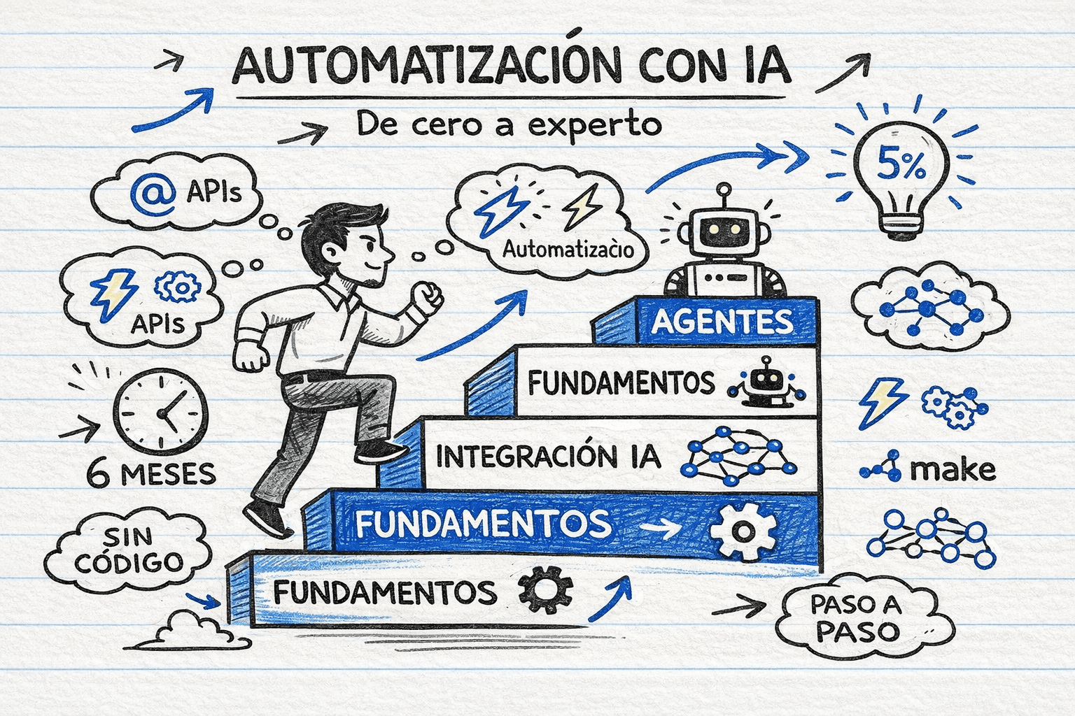 Infografía de hoja de ruta para aprender automatización con IA en 6 meses, mostrando tres etapas: fundamentos, integración de IA y agentes avanzados, con iconos de herramientas como Zapier, Make, n8n y logos de OpenAI y Claude