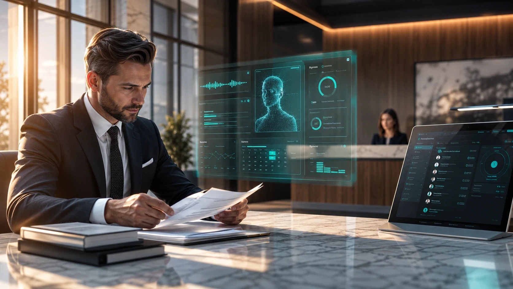 A professionally dressed attorney sits at a marble desk in a modern law firm reception area, reviewing legal documents while interacting with a transparent AI-powered holographic dashboard displaying voice analytics, client insights, scheduling data, and performance metrics. A sleek computer screen on the desk shows a legal case management interface, while warm natural sunlight streams through floor-to-ceiling windows, creating a premium, technology-forward corporate atmosphere.