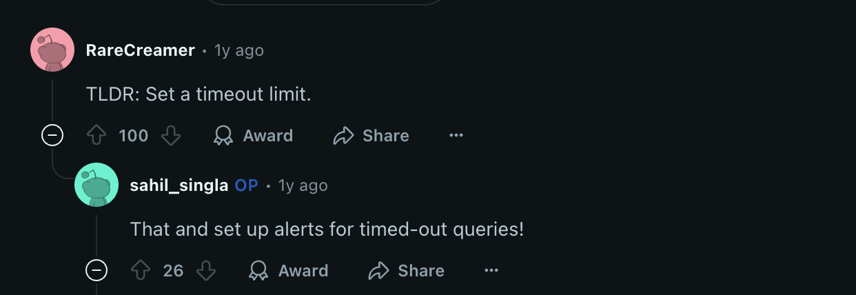 Reddit thread suggesting a one-hour statement-timeout to stop forgotten queries from running for days and racking up charges.