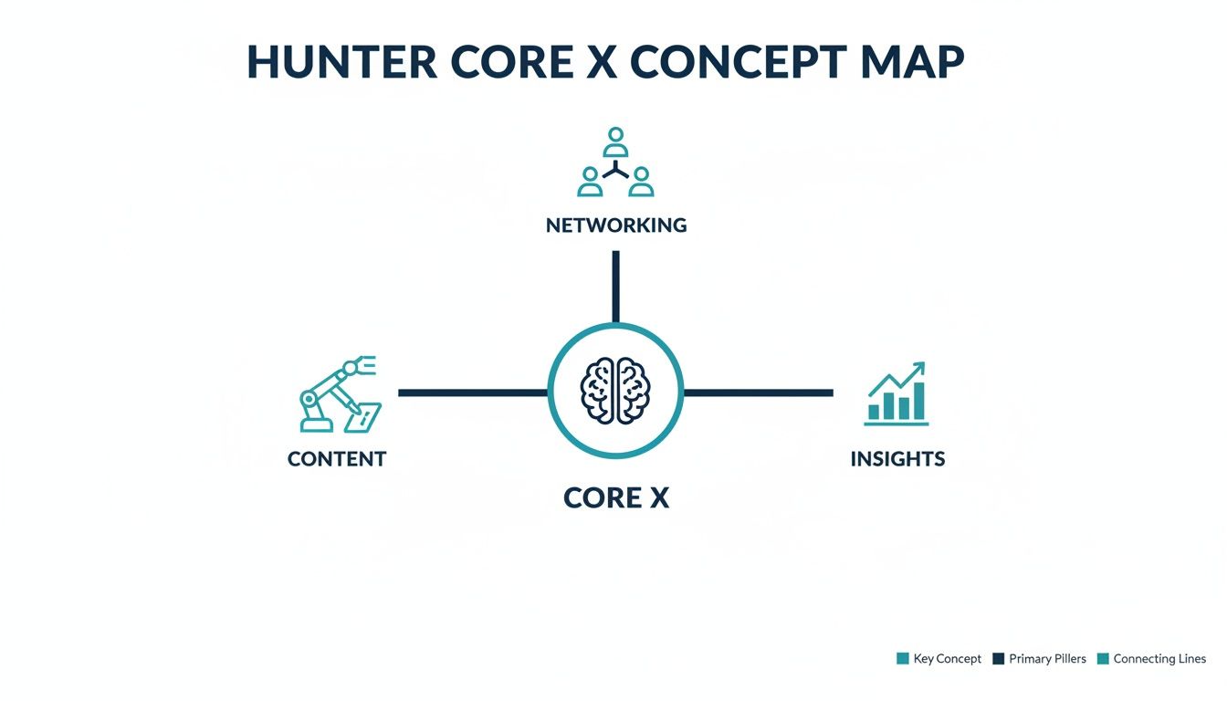 A Hunter Core X concept map with Core X in the center, connected to Networking, Content, and Insights.