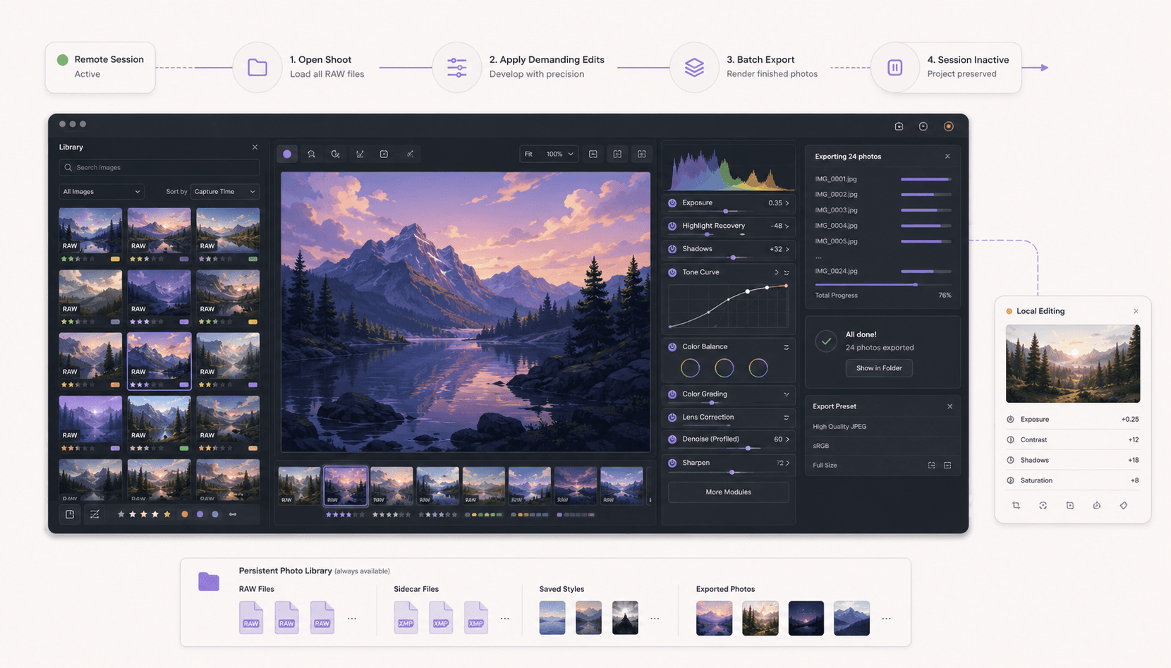 Remote Darktable session opening a large shoot, applying demanding edits, batch-exporting images, and preserving the photo library after shutdown.