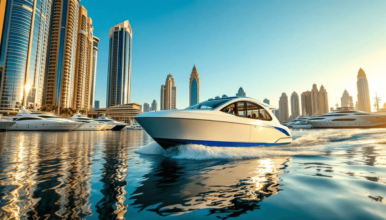 Ein Wassertaxi fährt durch die Dubai Marina, umgeben von beeindruckenden Hochhäusern und der malerischen Skyline der Stadt. Dieses Verkehrsmittel in Dubai bietet eine einzigartige Möglichkeit, die Schönheit der Marina und ihre Umgebung vom Wasser aus zu genießen.