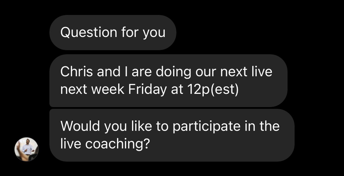 Screenshot of Carlos asking me in my DMs if I want to participate in the next instagram live for a live coaching