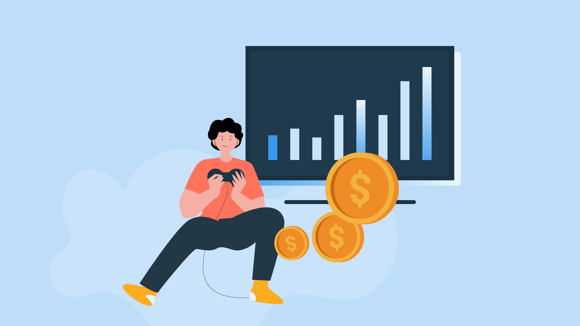 Illustration of a person sitting and gaming next to a monitor with data charts and floating gold coins, symbolizing play-to-earn rewards.