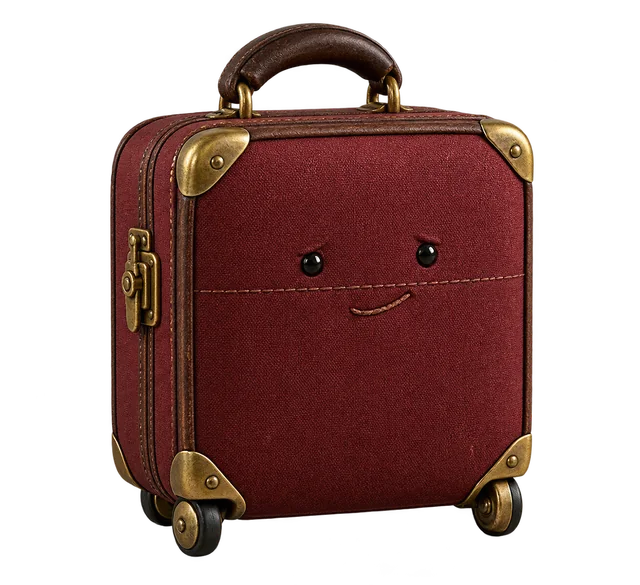 An oxblood canvas suitcase with a small smiling face, brass corner hardware, handle and wheels.