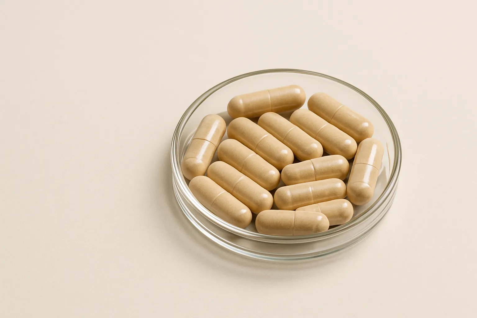 Minimalist photo of beige supplement capsules in a clear glass dish on a soft cream background