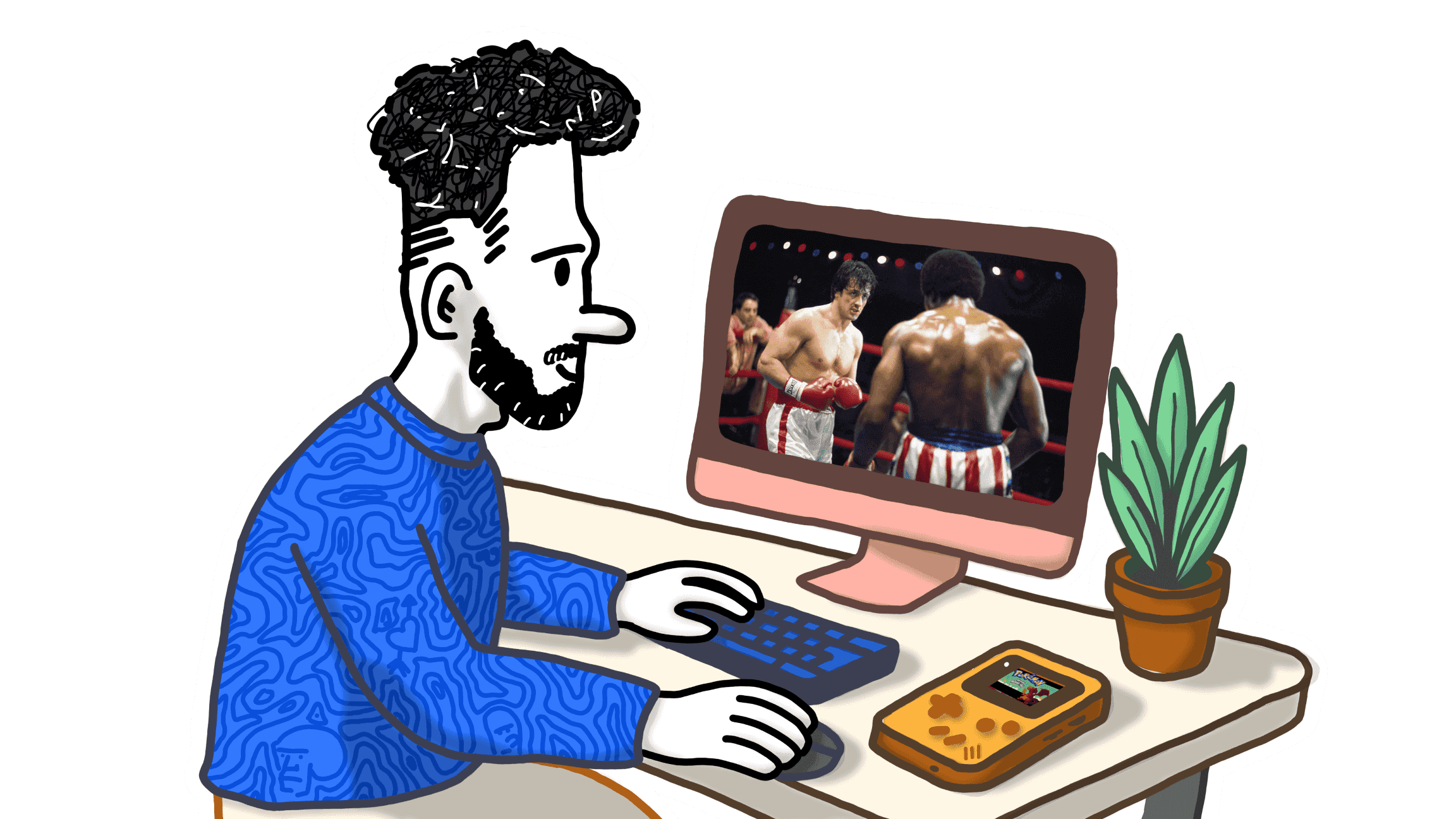 Caricature d’Ilies Manata, designer UX UI, regardant Rocky 1 à son bureau avec Game Boy et plante