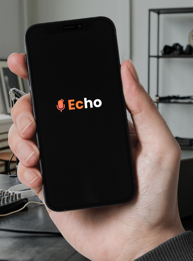 Podcast app mobile interface mockup on hand