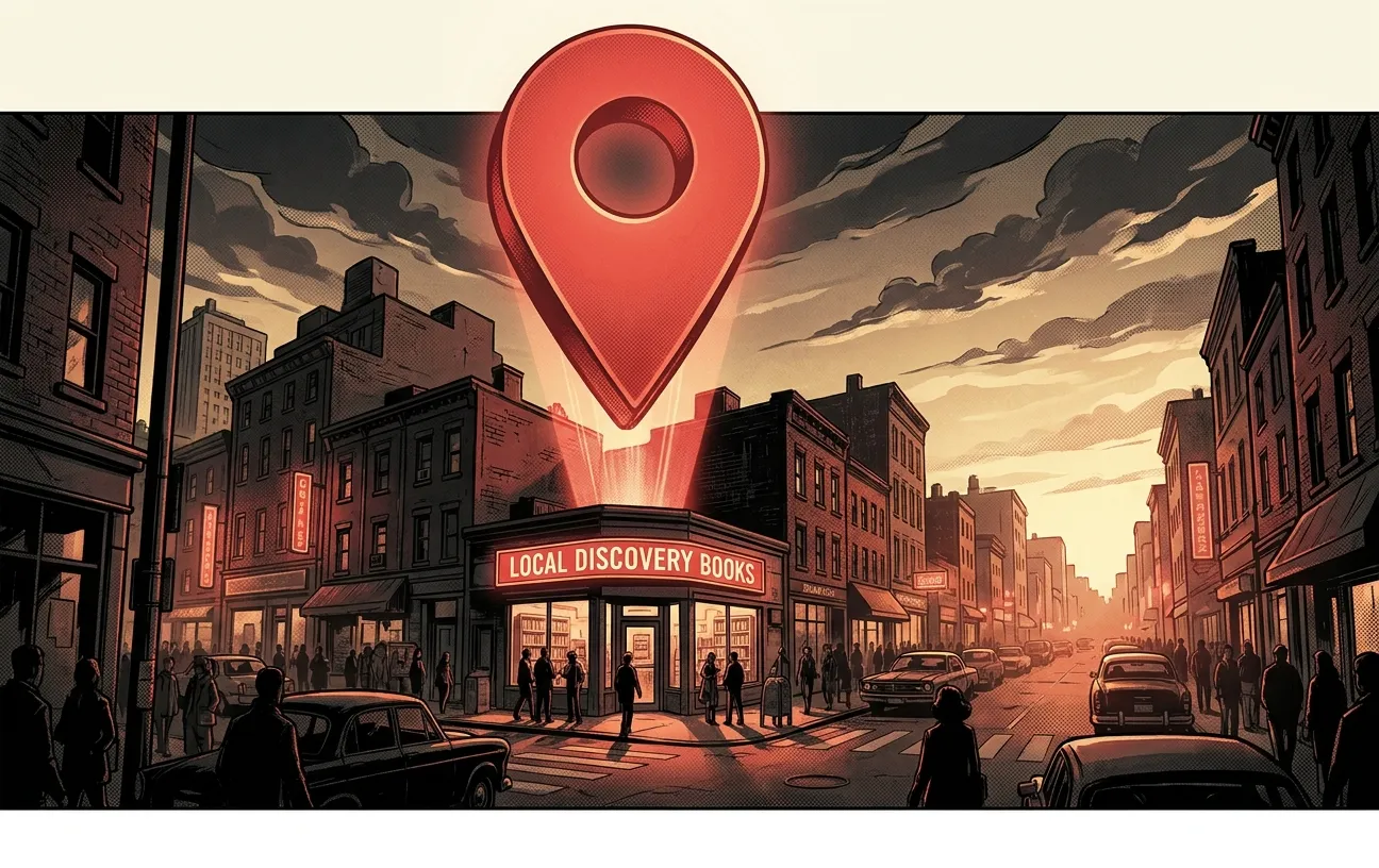 Red map pin over bookstore at sunset street; RockN' Socials Digital Marketing.