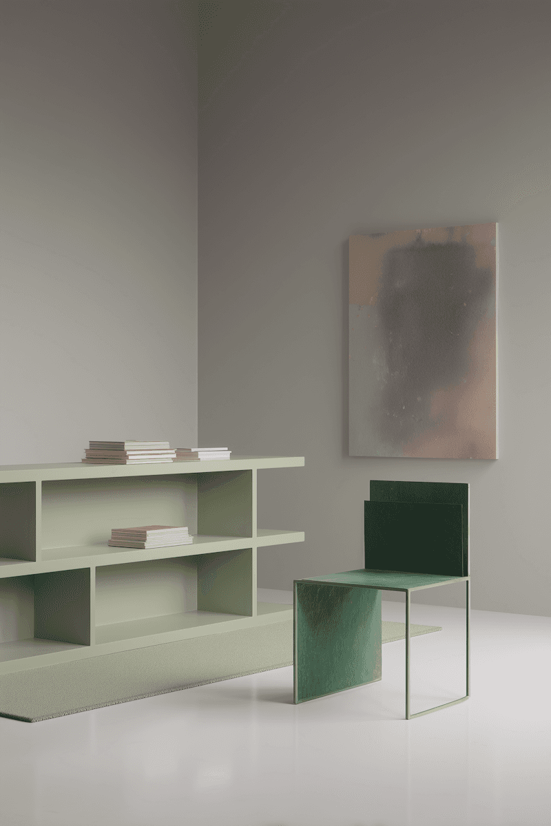 Modern interior with a sleek gray swivel chair, marble pedestal, and delicate flowers. Minimalist design with muted colors and reflective surfaces.