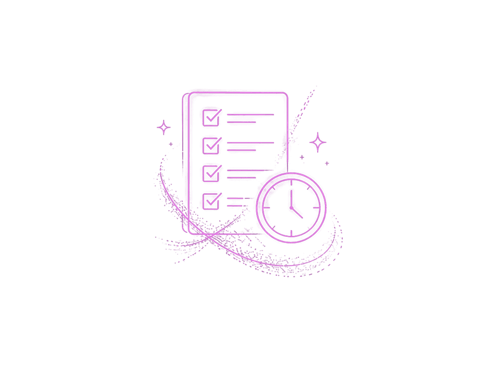 Checklist and clock icon representing organization, focus, and efficient workflows.