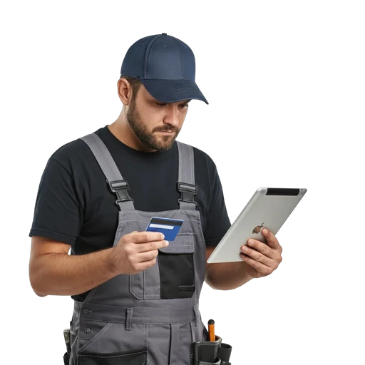 Handyman holding an iPad and tapping a credit card to charge a transaction