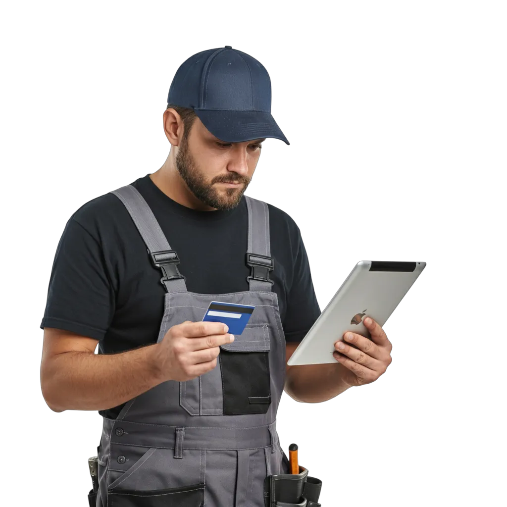 Handyman holding an iPad and tapping a credit card to charge a transaction