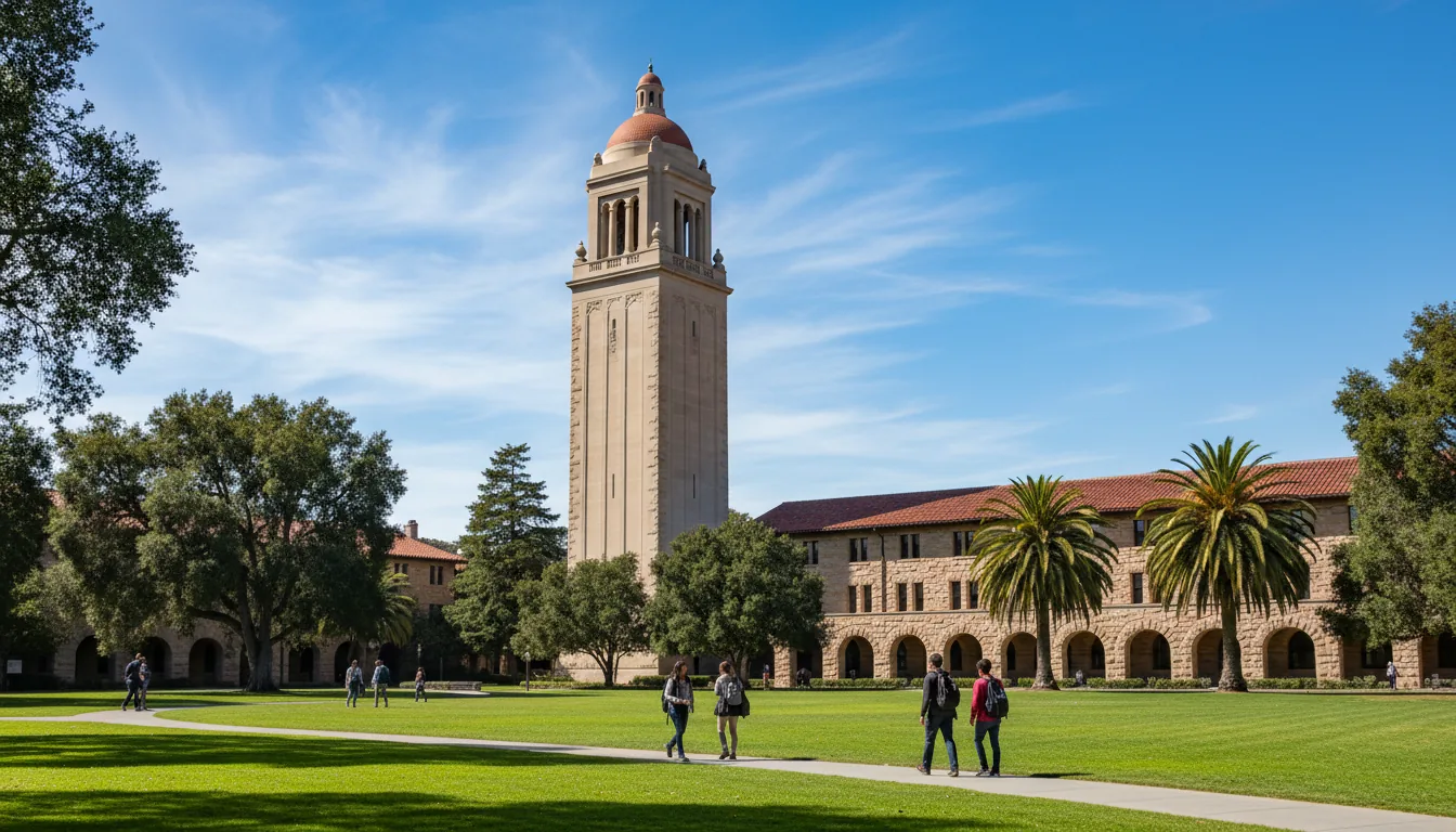 DSLR photograph of the Stanford University campus on a bright sunny day, featuring the iconic Hoover Tower with its red-tiled dome and an adjacent Mission Revival style sandstone building. The scene is captured under crisp natural daylight, revealing a vibrant green lawn in the foreground and a brilliant blue sky with soft white clouds above. The entire image is in sharp focus, highlighting the detailed texture of the stone architecture and the lush green trees surrounding the buildings. A few students can be seen walking on a paved path in the midground.