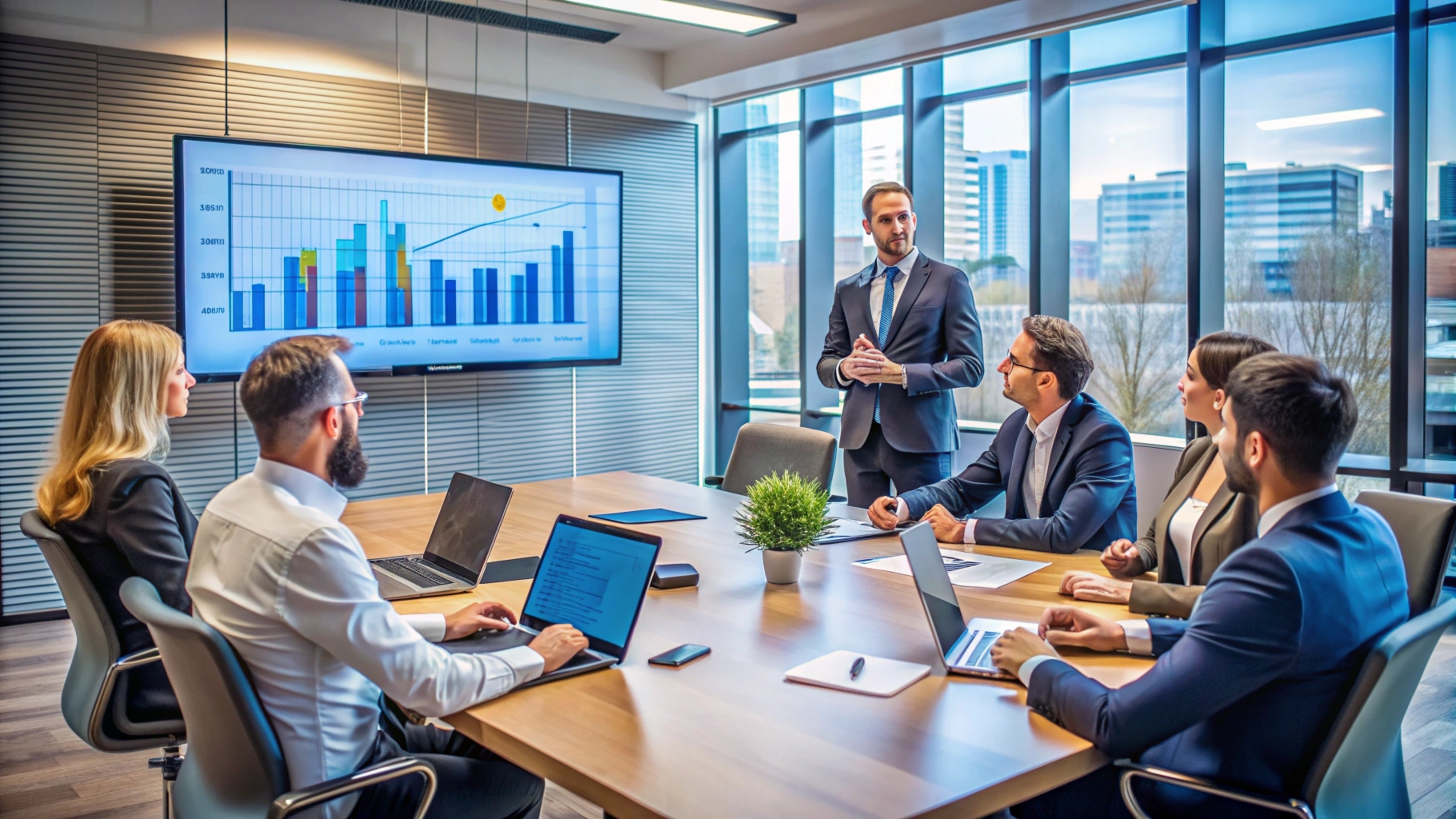 A business presentation in a modern office, with a speaker discussing financial charts on a large screen.