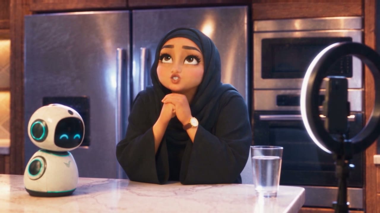 Maryam and the robot Shaheen at the kitchen counter