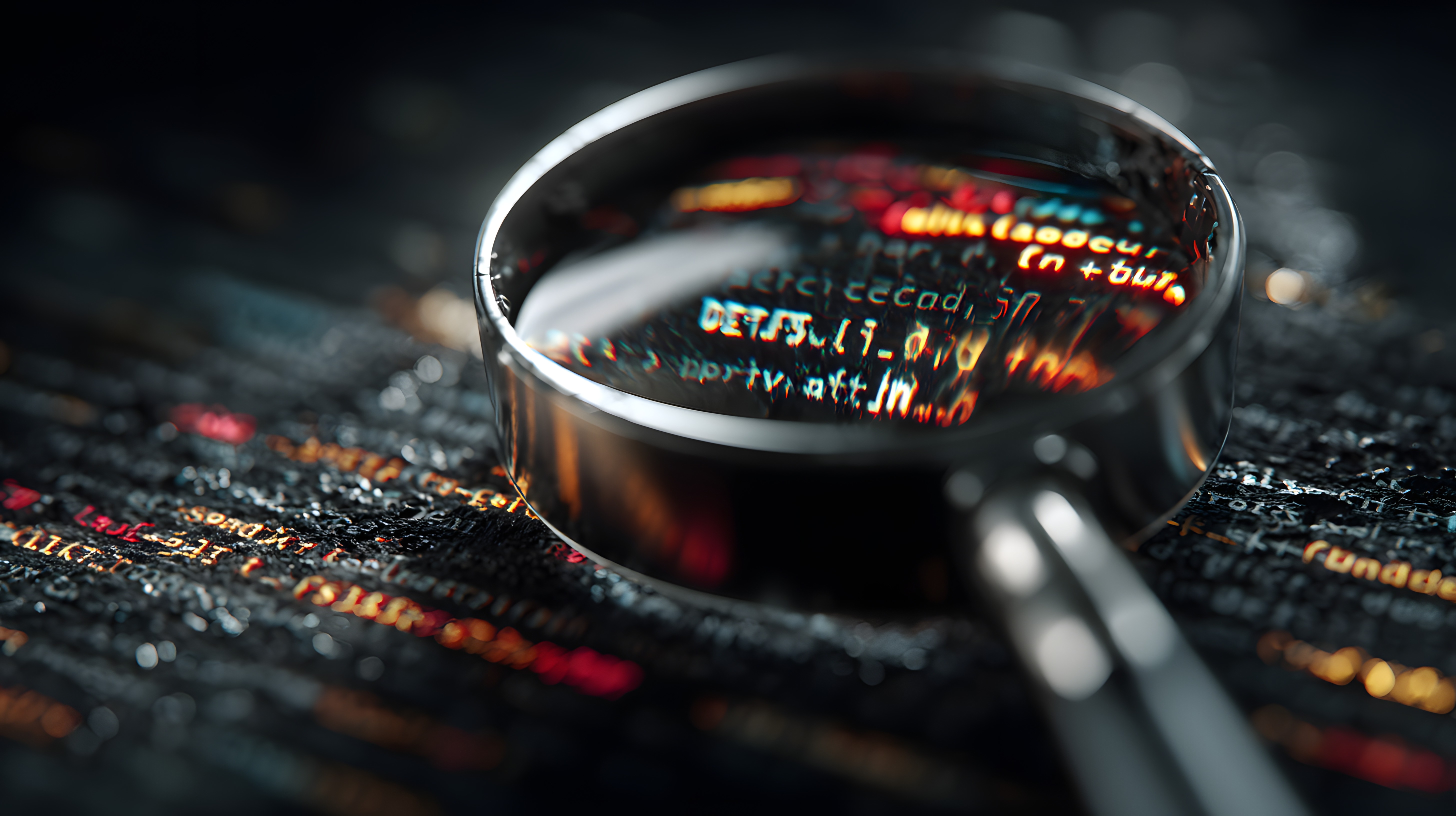 Magnifying glass examining computer code and data streams symbolizing cybersecurity investigation and digital forensics.