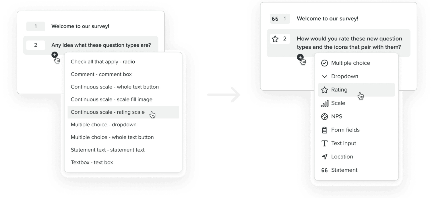 A before and after shot of the question types & icon options