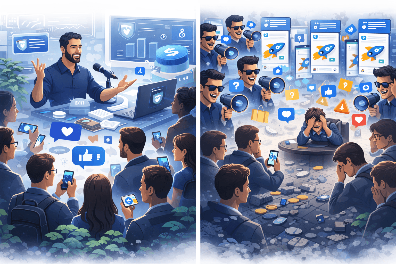 An Illustration shows a comparison between different KOLs, one is an authnetic, reputable voice, and the other, right part illustrates ingenuine influencers who promoto everything without any filter