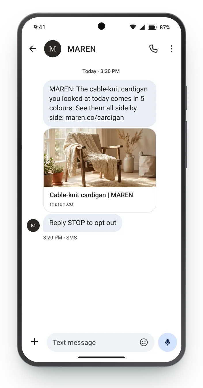 The cardigan, in every colour browse abandonment text on an Android phone