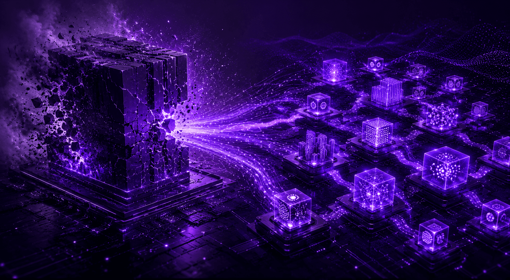 Futuristic purple-toned visualization of a collapsing monolithic AI system transforming into a distributed network of smaller interconnected AI nodes. Streams of data flow from a massive centralized compute block into modular orchestration clusters, representing the shift from large frontier models to efficient small language models, heterogeneous agentic systems, and dynamically orchestrated AI infrastructure.