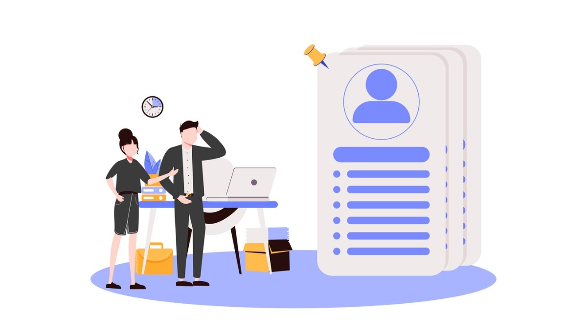 Illustration of two professionals discussing a resume in an office setting, with a large profile document in the background, symbolizing the role of staffing agencies in evaluating candidates and matching them with the right job opportunities.