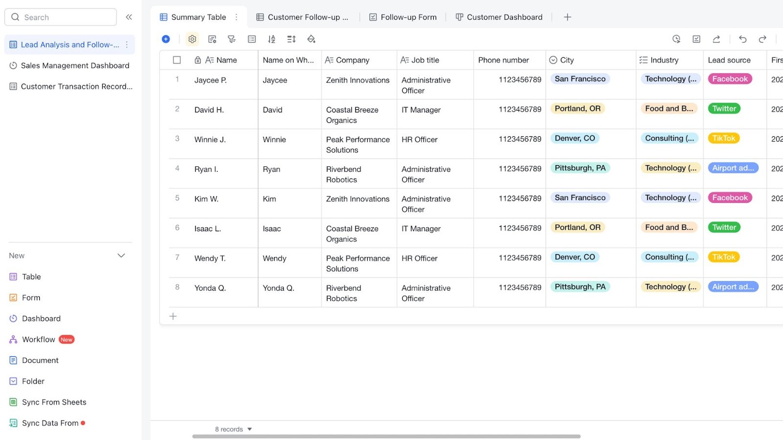 Lark Sales tracker - lead analysis and follow-up template