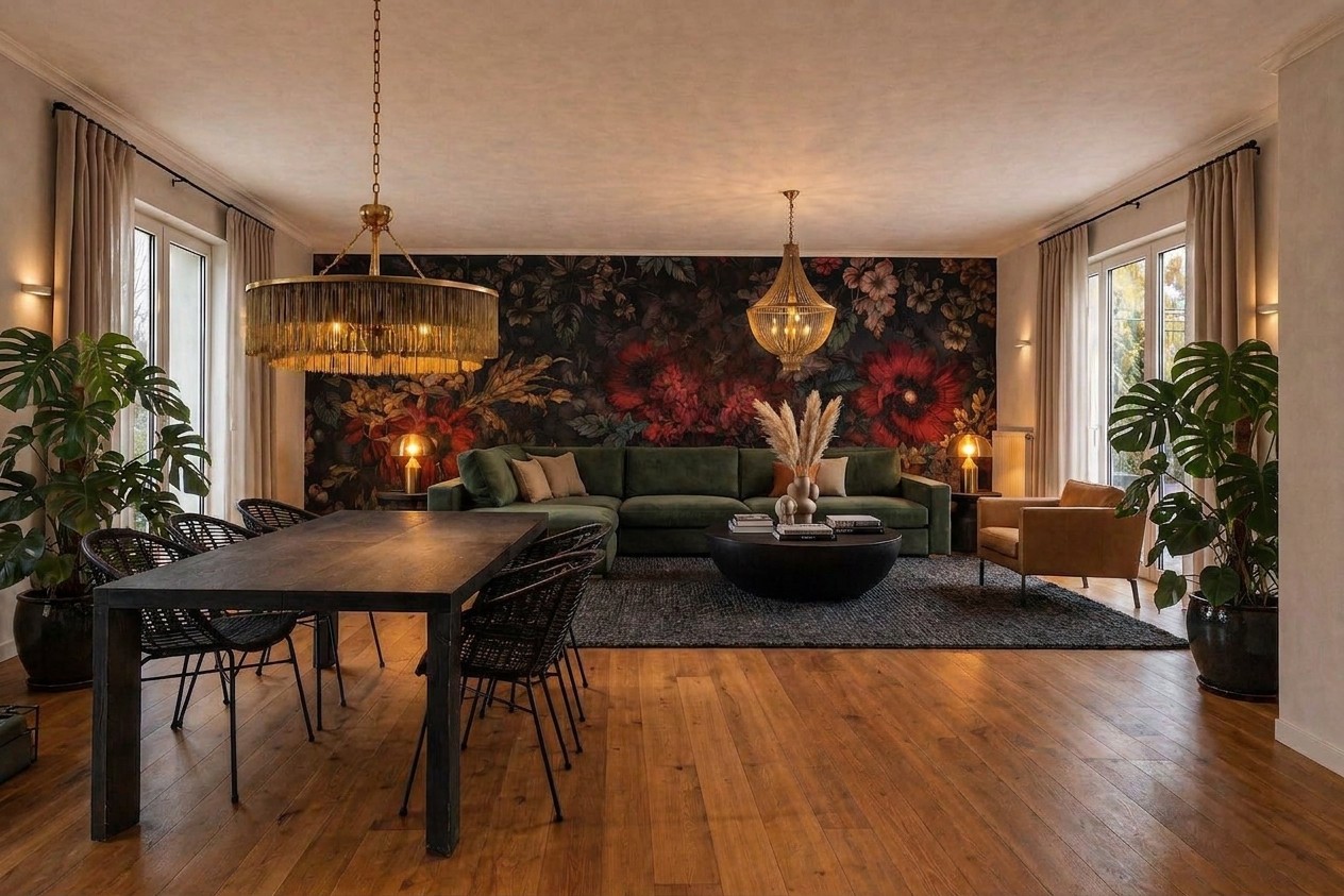 European glam maximalist living room — charcoal rug, monsteras flanking green sectional, black round coffee table, warm brass lamps