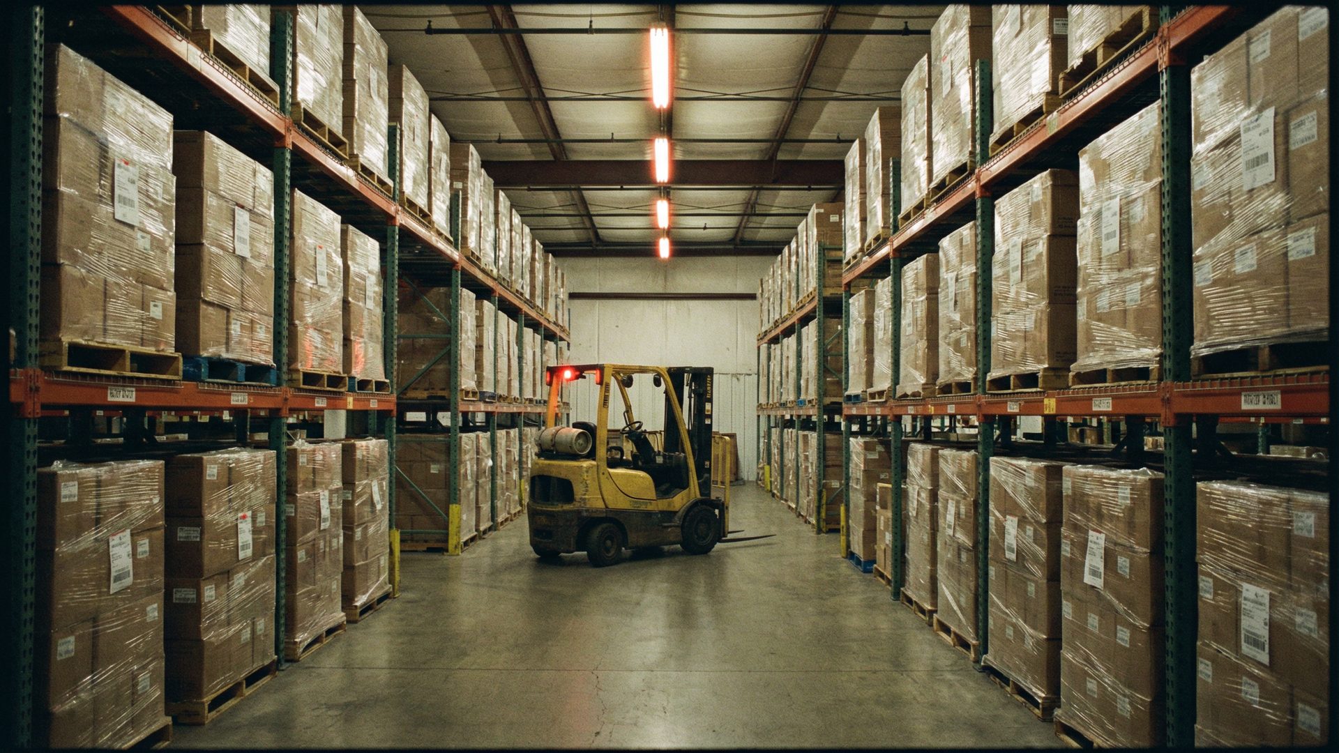 A clean, professional fulfillment warehouse interior: neatly stacked and shrink-wrapped pallets of labeled cardboard boxes on industrial metal shelving, a yellow forklift parked in the center aisle, warm overhead fluorescent lighting.