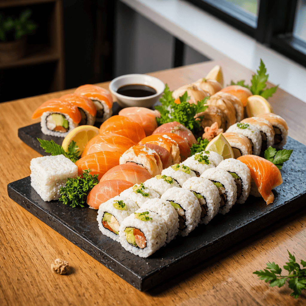 product photography of salmon sushi roll