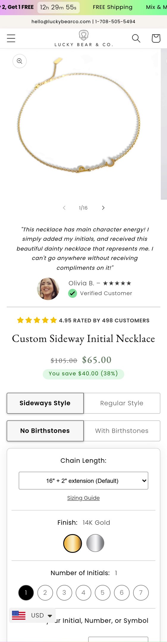 Jewelry product options include: necklace, chain for Custom Sideway Initial Necklace from Lucky Bear & Co..