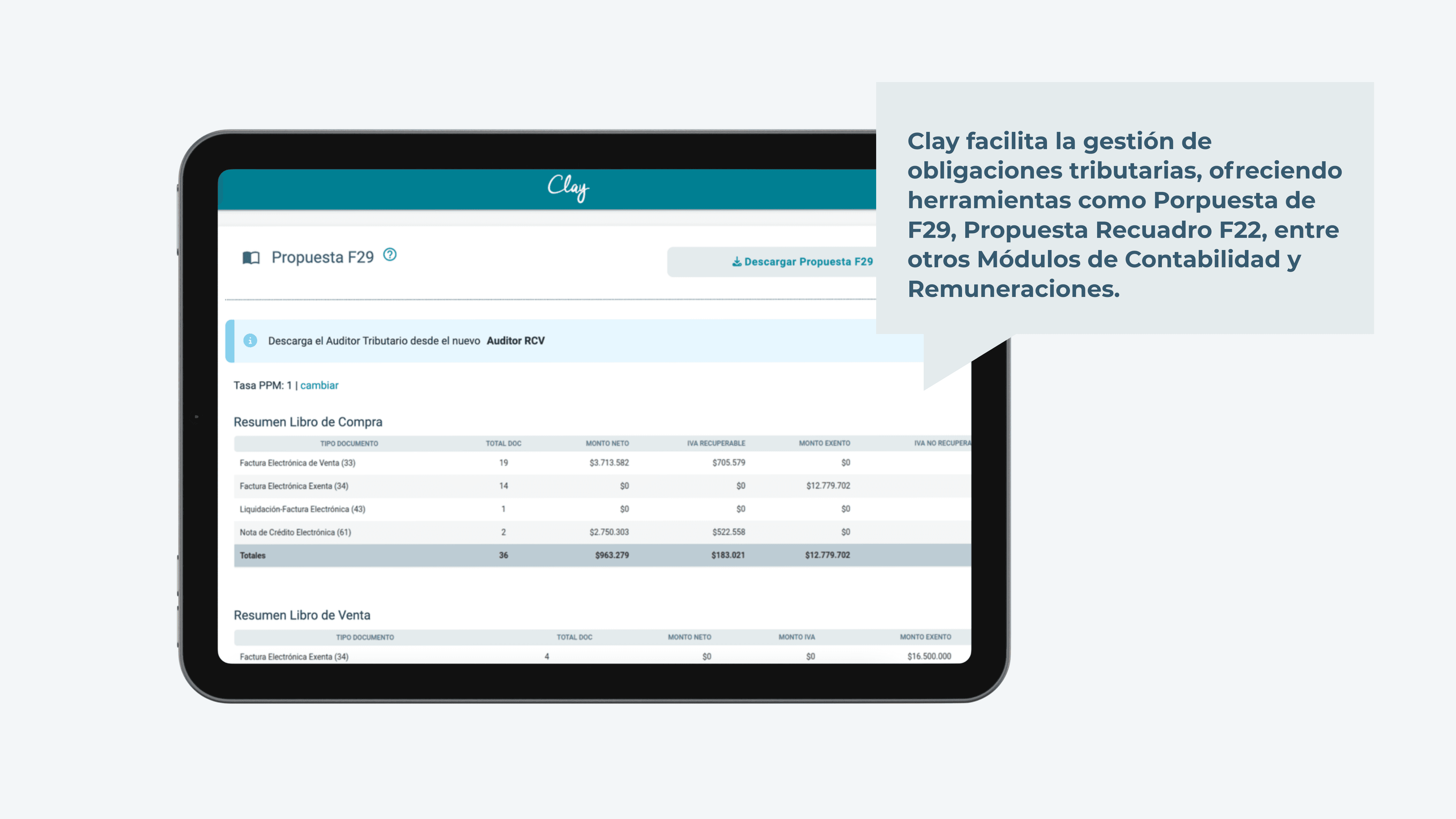 alt="Software Clay mostrando Propuesta F29, libro de compras y ventas y cálculo de PPM para Operación Renta en Chile."