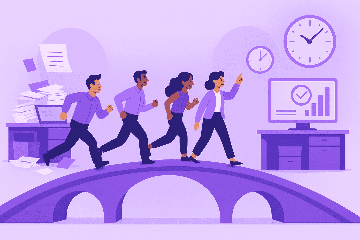  Flat-style digital illustration of a diverse team crossing a bridge from a cluttered, chaotic workspace filled with papers to an organized, efficient area with glowing clocks and dashboards, symbolizing clarity and successful time-tracking adoption.