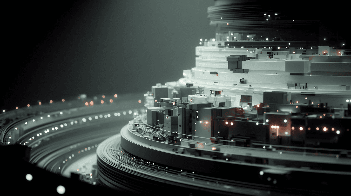 A digital cityscape at night, featuring towering futuristic structures with glowing lights and intricate details, suggesting advanced technology and architecture.