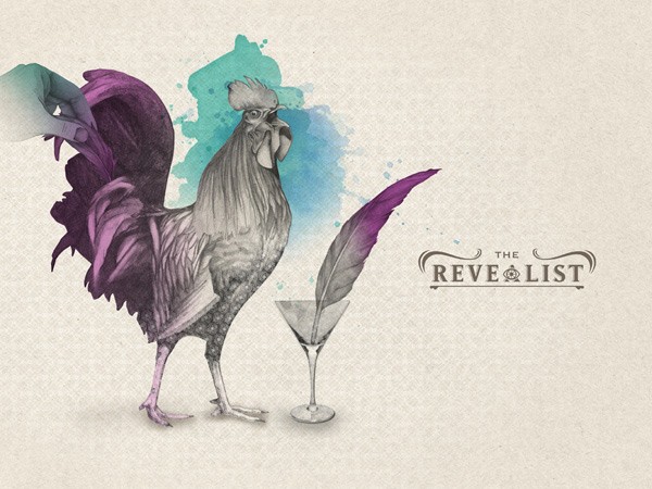 A stylized rooster with purple and gray feathers stands next to a martini glass containing a purple feather. The background is light beige with a teal watercolor splash behind the rooster. The text “THE REVEALIST” appears in dark gray letters to the right of the glass.