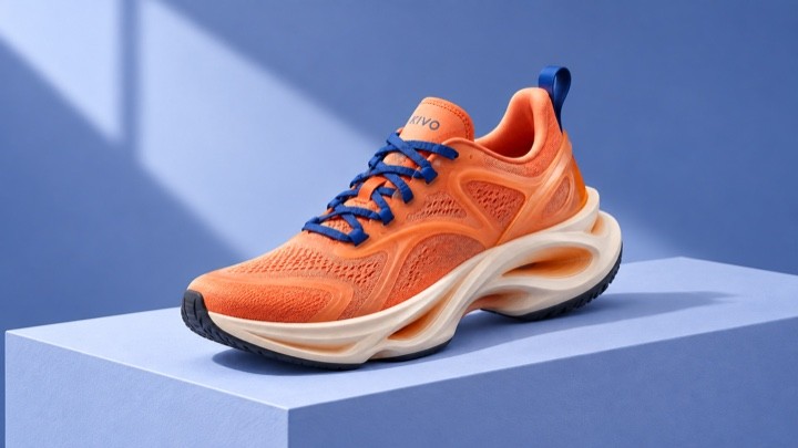 Fictional KIVO Arc runner: coral technical mesh, sculptural cream sole and cobalt laces in a blue studio setting