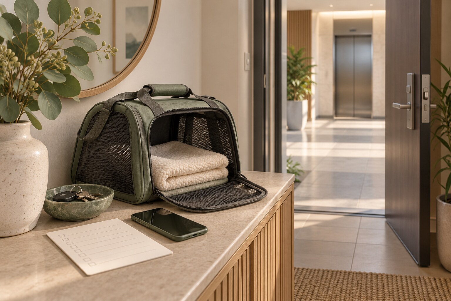 Conceptual illustration of apartment collection preparation with a folded blanket, carrier, phone, keys and lift access