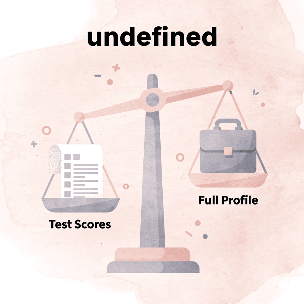 Balance scale comparing test scores with a comprehensive application profile