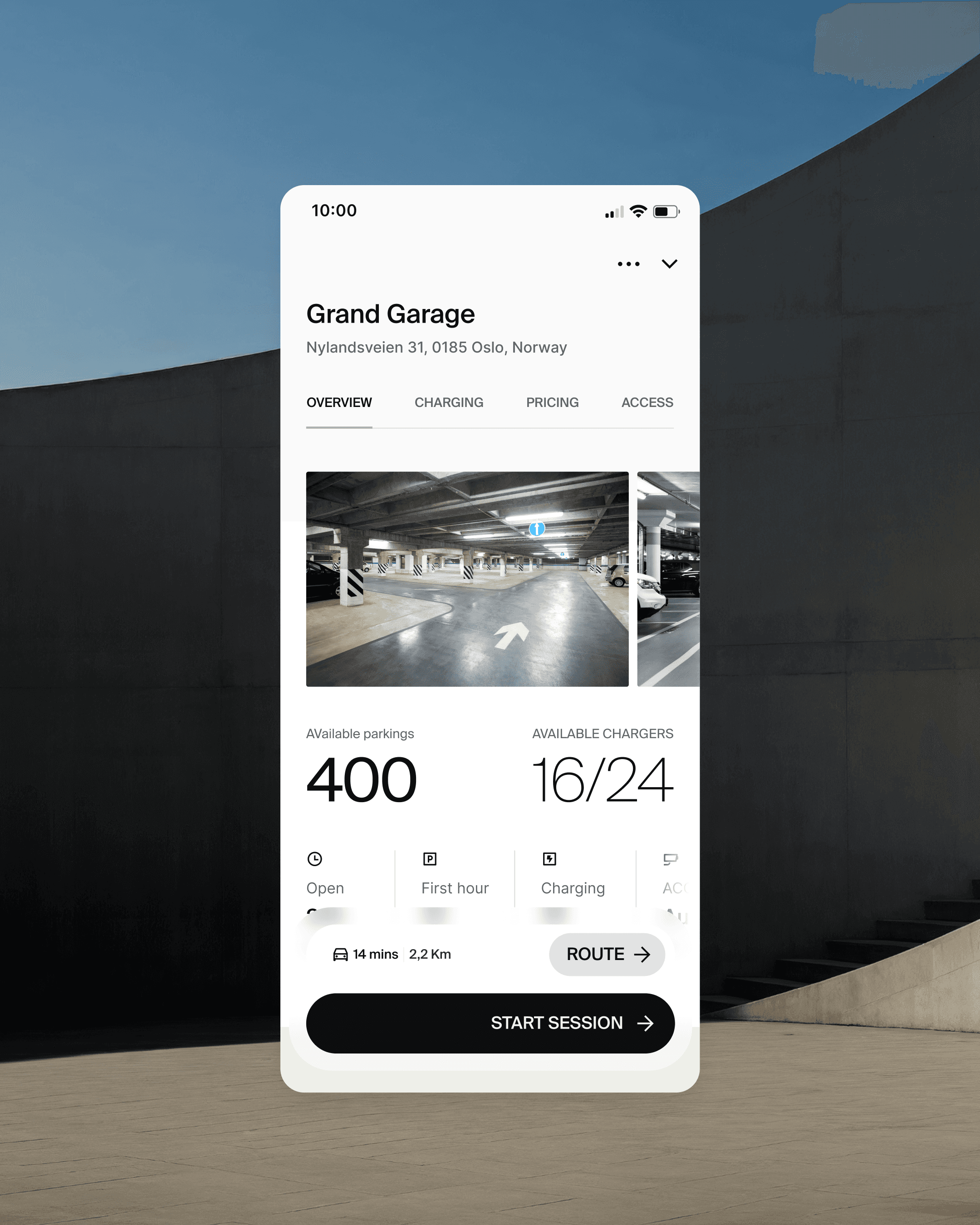Close-up of the APCOA Flow parking interface showing the parking profile.