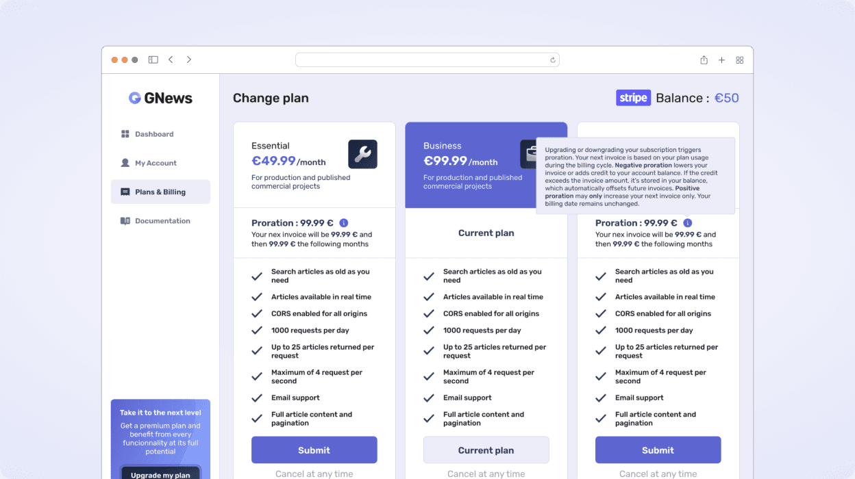 Capture d'écran du processus de changement d'abonnement de Gnews