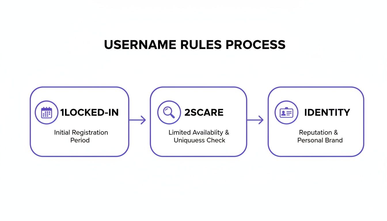 Flowchart illustrating a three-step username rules process: initial registration, availability check, and identity.