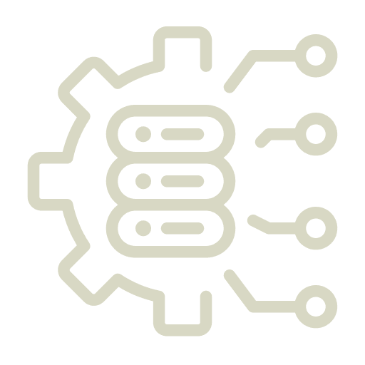 Server stack inside a gear with circuit connections representing IT services and system infrastructure.