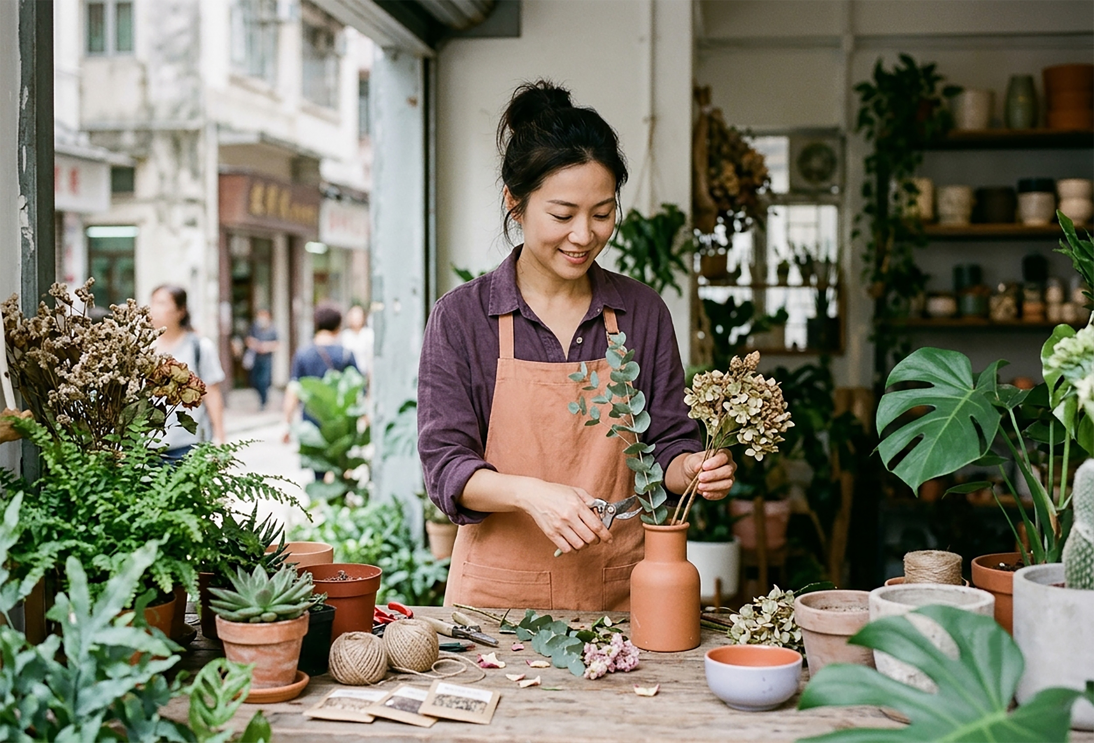 A local Hong Kong florist arranging flowers in their own shop.