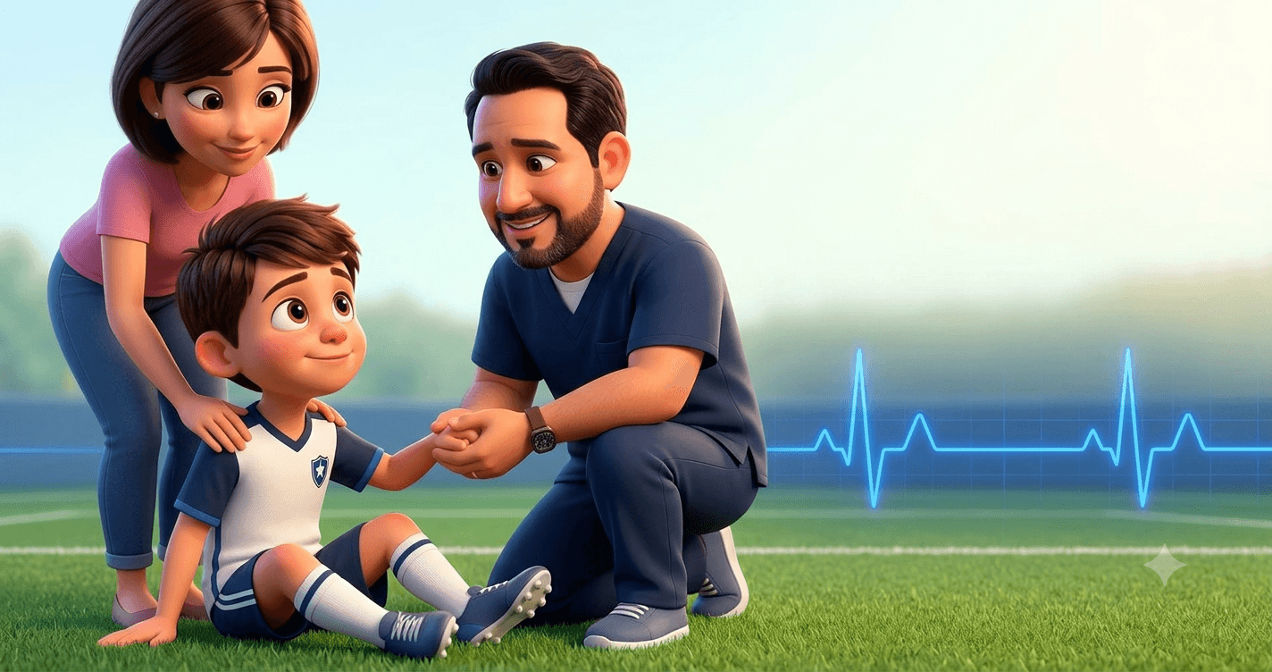Ilustración 3D del Dr. Ovidio Cortazar, electrofisiólogo cardíaco pediátrico en México, acompañando a un niño deportista y a su madre — artículo sobre desmayos en el deporte.