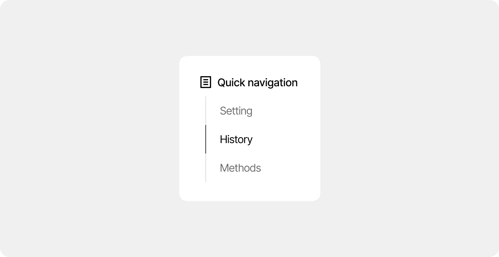 Quick navigation panel with highlighted section “History”