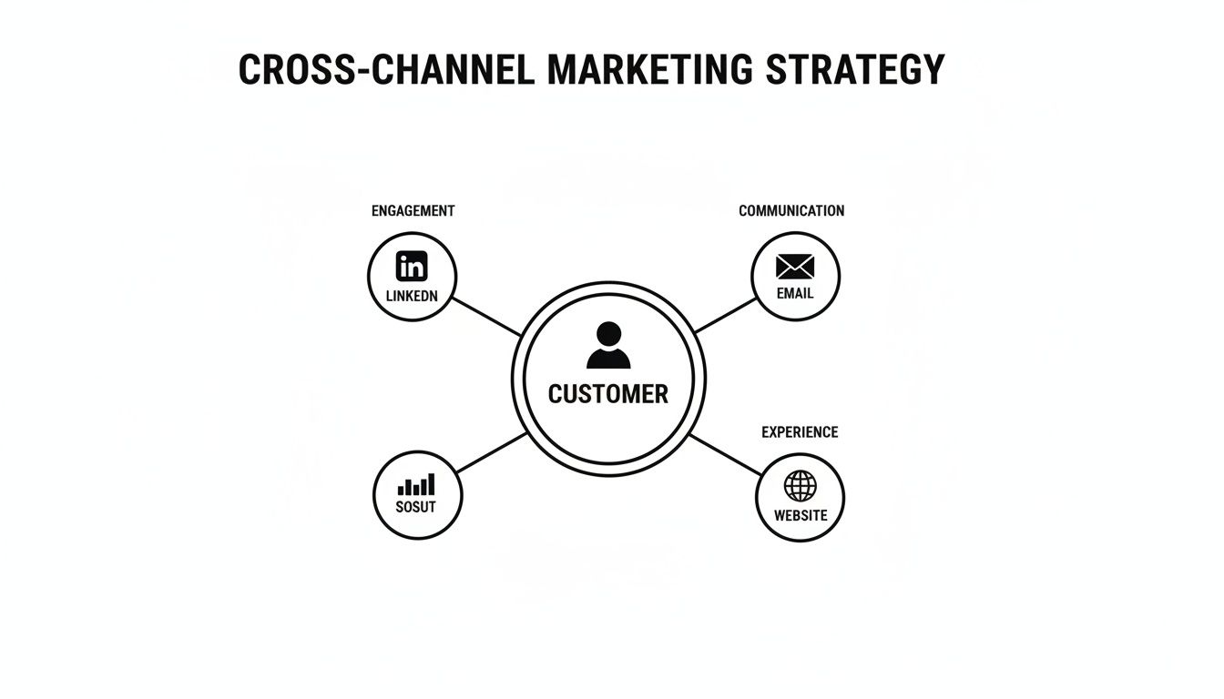 A cross-channel marketing strategy diagram centered around the customer, connecting LinkedIn, email, website, and analytics.