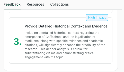thesify feedback recommending detailed historical context and academic citations to support claims in a literature discussion